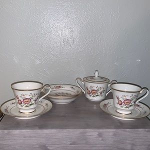 Vintage Noritake Ivory China in Asian Song floral print Set, sugar, bowls, cups